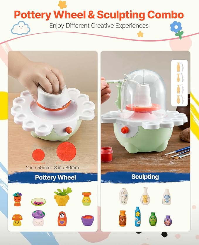 VEVOR Mini Pottery Wheel for Kids, DIY All-in-1 Complete Pottery Set with Clay Sculpting Tools, Two Turntables 2in/3in, Adjustable Speed, Arts & Crafts for Boys and Girls Christmas Gift, Green