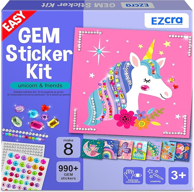EZCRA Easy Arts and Crafts for Kids - Fun Gem Sticker Kit - 8 Unicorn Princess Themes, 990+ Stickers - Gem Art for Kids - Diamond Art Kits - Gifts for Girls Ages 3-8