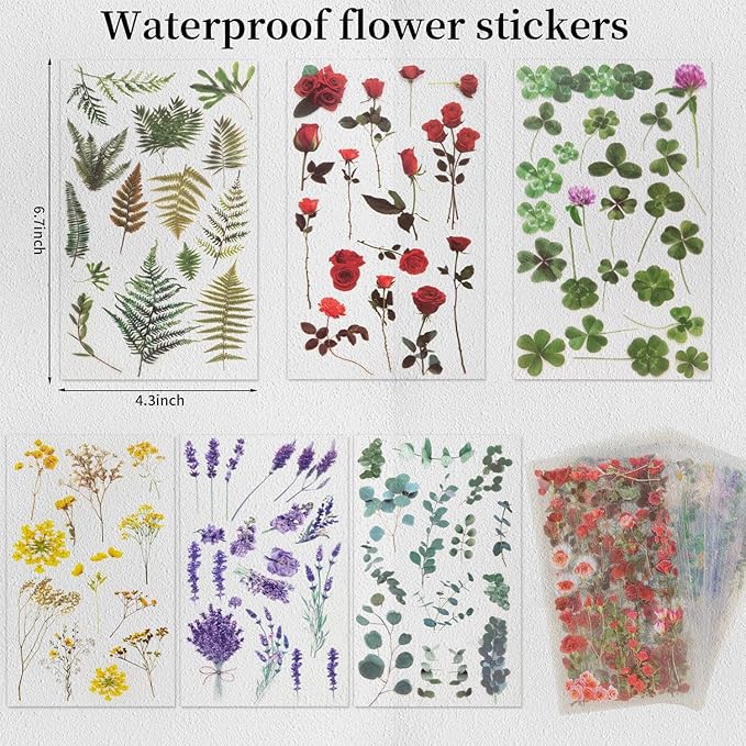 722 Pieces Pressed Flower Stickers for Crafts (Assorted 722 Pieces,48 Sheets) Flower Sticker for Crafts for Resin Dried Floral Sticker Cute Scrapbook Craft Stickers for DIY Journal Notebook