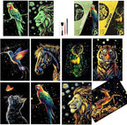 Scratchboard Art for Adult Luminous Scratch Painting Kits, A5 Scratch Art Rainbow Painting Paper 8 Sheet with 4 Tools, Scratchboard for Teens & Adults, Fun Creative Craft Toy/Gifts/Decor, Animals