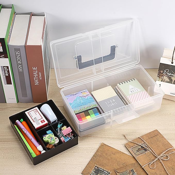 JUXYES Plastic Carry Storage Box with Removable Dividers, Clear Art Craft Supply Storage Bin Sewing Box With Handle Lid, 2 Layers Stationery Storage Case for School/Office Supplies