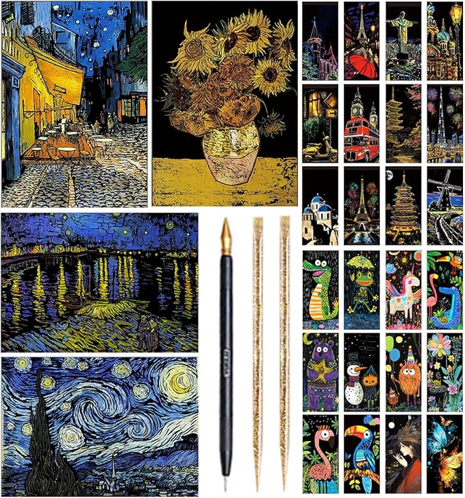 Scratch Art Painting Scratch Paper Rainbow Painting Sketch Pads DIY Art Craft Set， 4 Pcs Vincent Van Gogh Engraving and 24Pcs Classic Landmarks and Animal Series for Kids & Adults with 3 Tools
