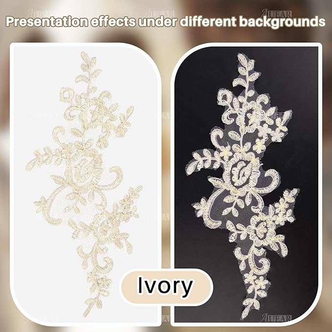 AUEAR, 2 Pack Flower Lace Applique Patches for Wedding Dress DIY Clothing Collar Material (Ivory Color)