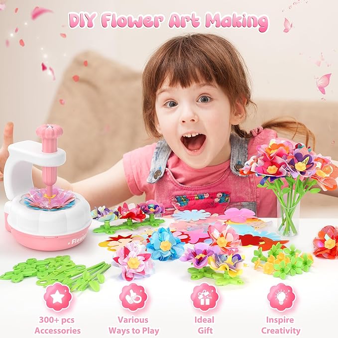 GirlsHome 300+PCS Fabric Flower Bouquets Toys, DIY Flower Crafts Kits for Kids, Arts and Crafts for Kids Ages 6-8 Girls, Flower Making Kit, STEM Educational Preschool Toy Christmas Gifts(White Pink)
