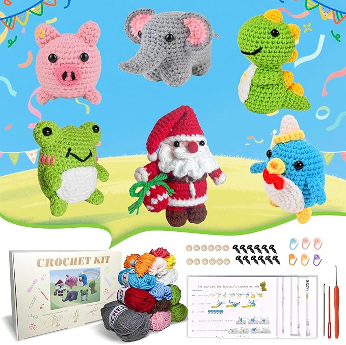 Alutaba 6Pcs Crochet Kit for Beginners, Crochet Animal Kits for Adults with Step by Step Videos Tutorials, Knitting Kit for Crochet Lovers Great Birthday Holiday Gift, DIY Handmade Gifts