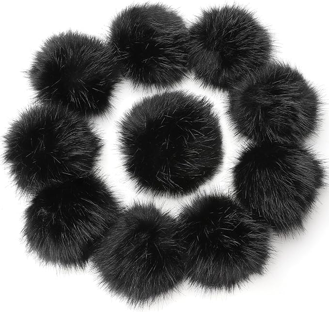 5in Large Black Fluffy Pom Poms Crochet Accessories - 10pcs Faux Fur Pompom Balls Knitting Accessories for Hats, Beanies, Shoes, Scarves, Gloves, Bags, Keychains Charms