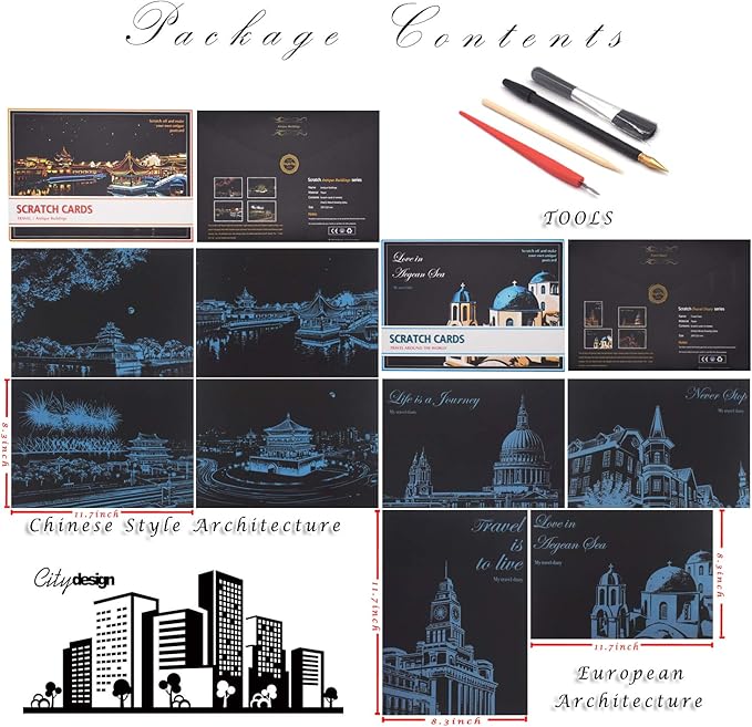 Rainbow Painting Scratch Paper By BOTEEN, City Series Night Scene,Scratch Painting Creative Gift,Scratchboard for Adult and Kids,with 4 Tools,Size:11.7''x8.3''（A4）（8PACK）