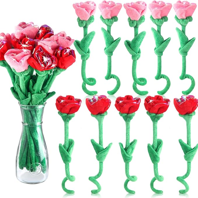 10 Pcs Plush Rose Flower Stuffed Flower Bendable Stems Plush Bouquet Toy Soft 12.6 Inch for Christmas Classroom 2025 Mother's Day Valentines Day Girl Girlfriend Wife(10 Pcs Glitter Red Pink Series)