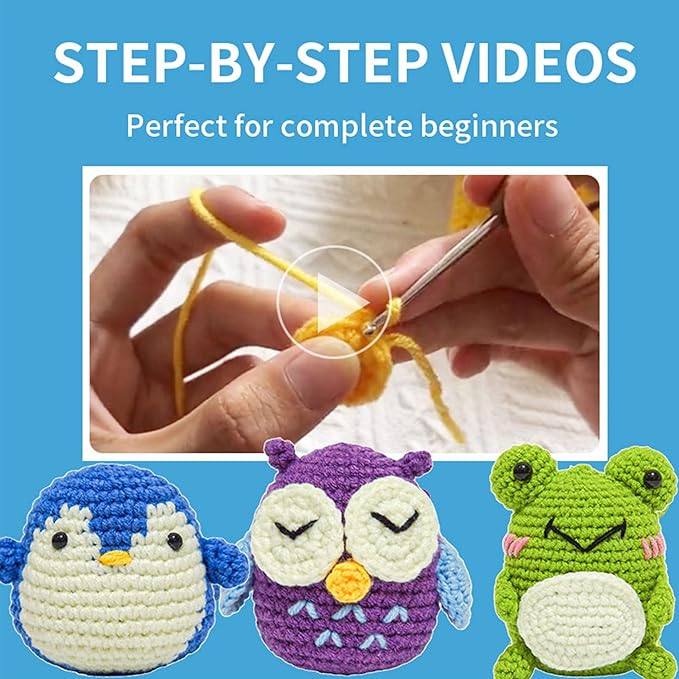 HKEUZEZO Beginners Crochet Kit Animal Knitting Set, 3 Pattern-Owl Penguin Frog Crochet Yarn with Step-by-Step Video Tutorials, Learn to Crochet Kits for Kids Adult