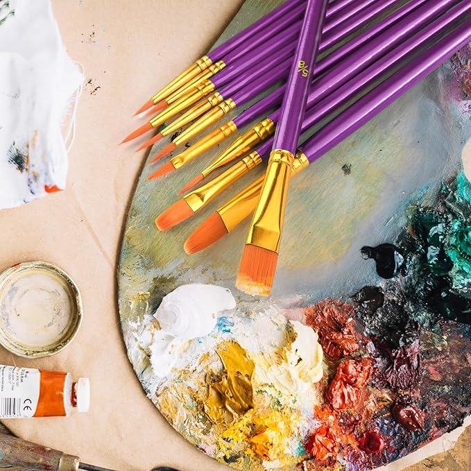 Acrylic Paint Brushes Set, 50Pcs Round Pointed Tip Artist Paintbrushes for Acrylic Painting Oil Watercolor Canvas Boards Rock Body Face Nail Art, Halloween Pumpkin Ceramic Crafts Supplies，Purple