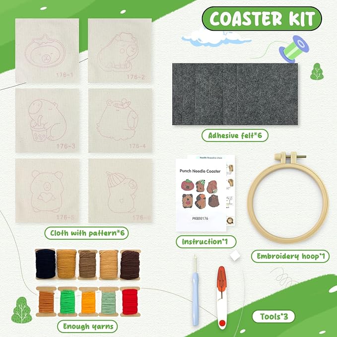 6pcs Capybara Punch Needle Coasters Kit for Beginners, Easy Art Work Embroidery Kit Latch Hook Kits for Adults, DIY Rug tufting kit with Adhesive Felt Yarns Hoop Instruction
