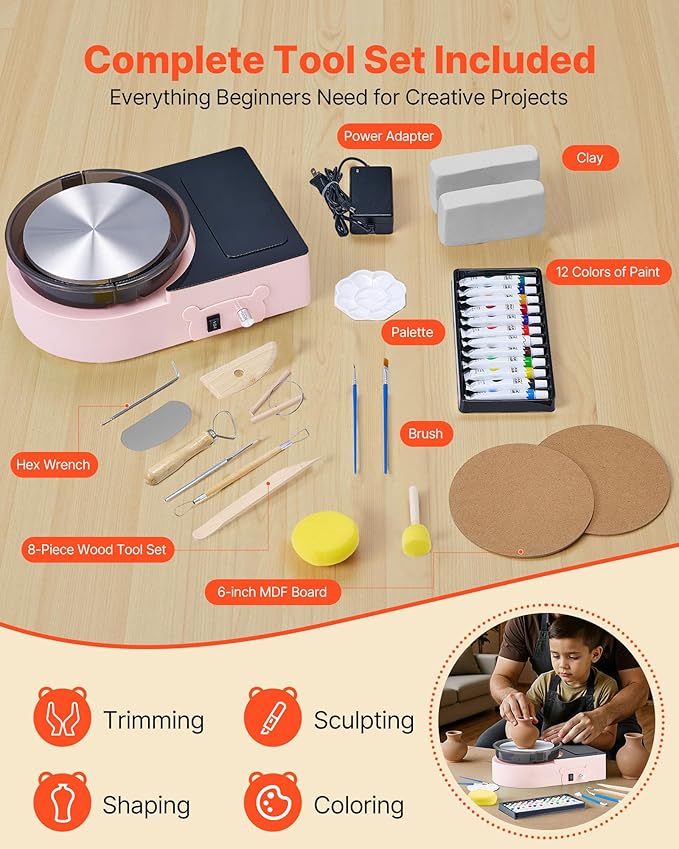 VEVOR Mini Pottery Wheel for Kids and Beginners, 6” Turntable, Two-Way Rotation, Adjustable Speed, Complete Pottery Set with Clay Art Supplies Sculpting Tools, Craft Gifts for Kids Teens Adults, Pink