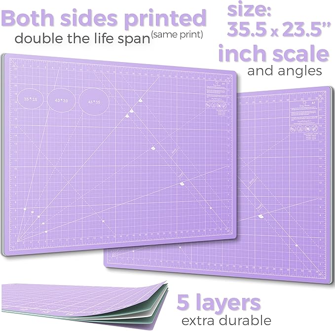 Rotary Cutter Set - Quilting Kit incl. 45mm Fabric Cutter, 5 Replacement Blades - Ideal for Crafting, Sewing, Patchworking, Crochet & Knitting (Lavender, A1 Set (36" x 24"))