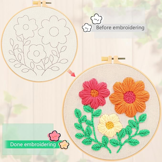 JSRQT Punch Needle Embroidery Starter Kit Floral Leaf Beginner Rug Hooking Kit with Embroidery Hoops Instructions Handcraft Punch Needle Kit for Adults Rug-Punch & Pinch Needle Cross Stitch Kits Craft