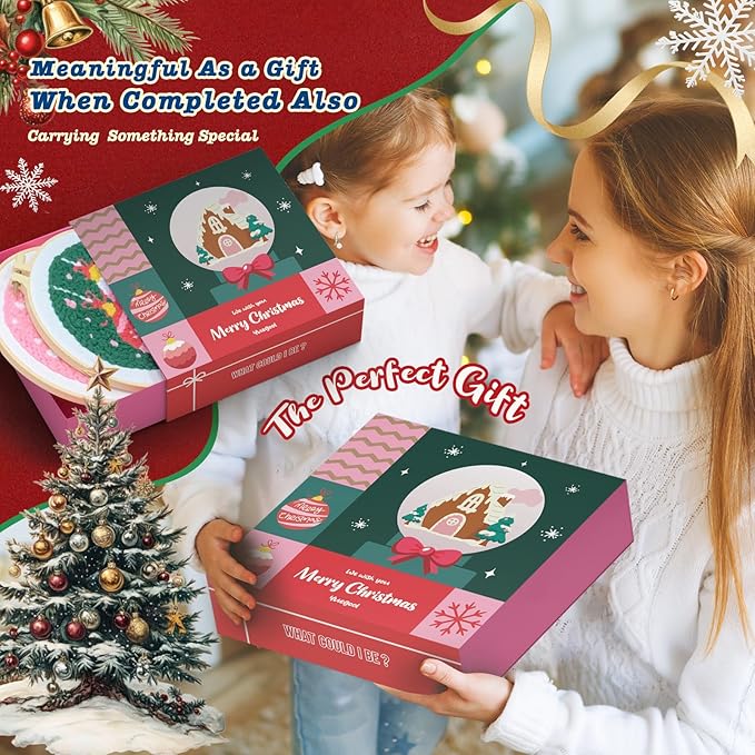 yuegool 2PCS Christmas Punch Needle Decoration Kit,Easy DIY Punch Needle Embroidery Kit for Beginners Adults Kids Including Patterns, Tools, Yarns, Hoop, Instruction, Bracket Art Craft Supplies