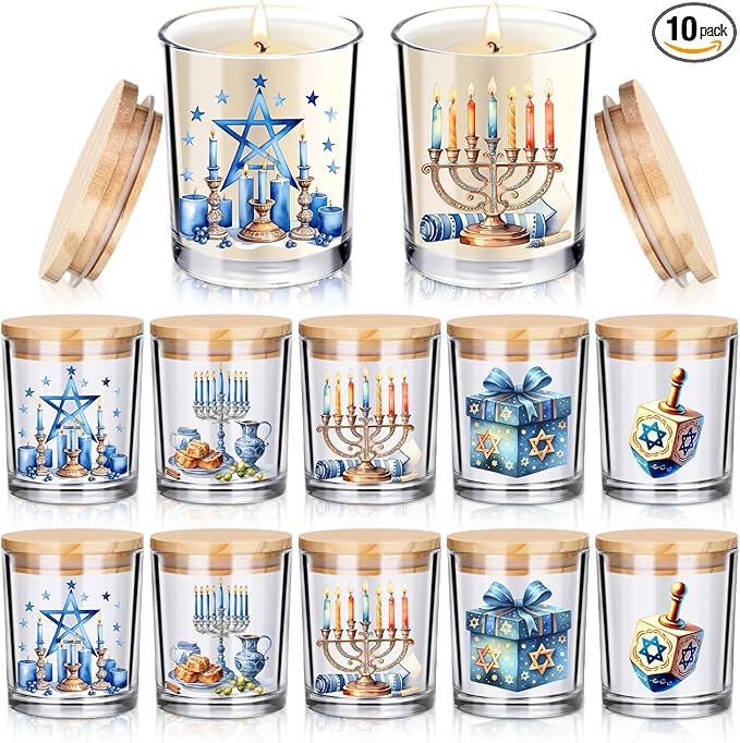 10 Pcs Hanukkah Glass Candle Jars Empty Containers Bulk 7 oz Chanukah Menorah Star David Dreidel Glass Jars with Cork Lids Tins for Candle Making Storing Biscuits Party Favors