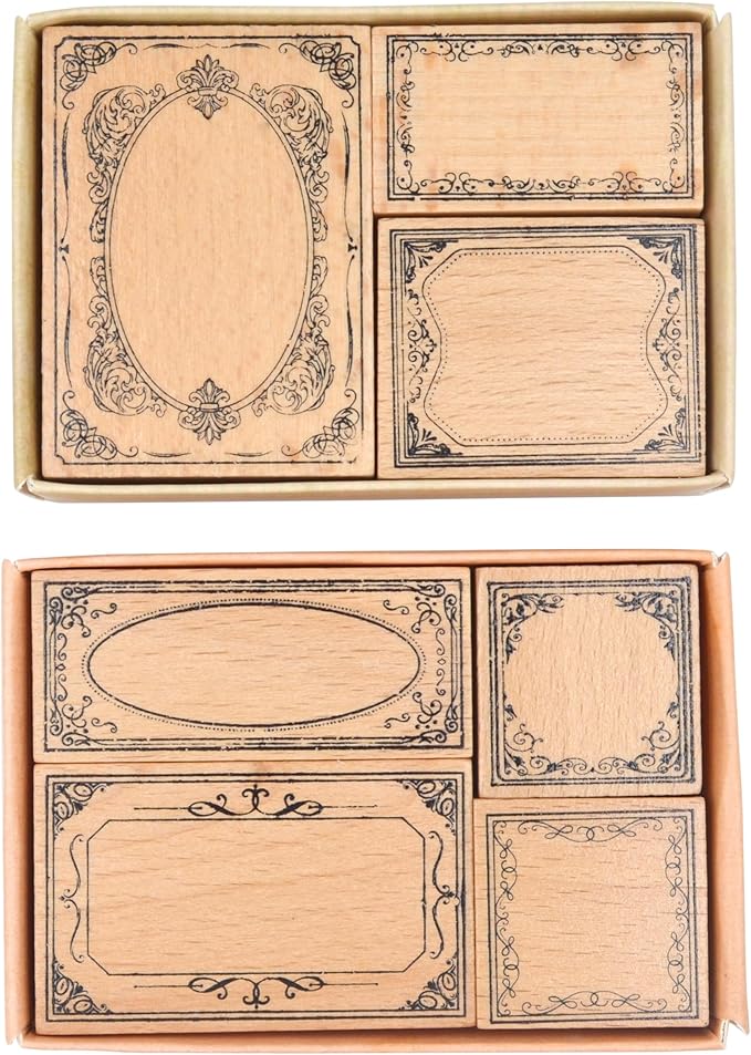 7pcs Wood Rubber Stamp Set, Frame Pattern Decorative Stamp Set for Art Craft, Journal, Diary, Scrapbook, Planner, Letter, Card Making M-19 (Set-2)