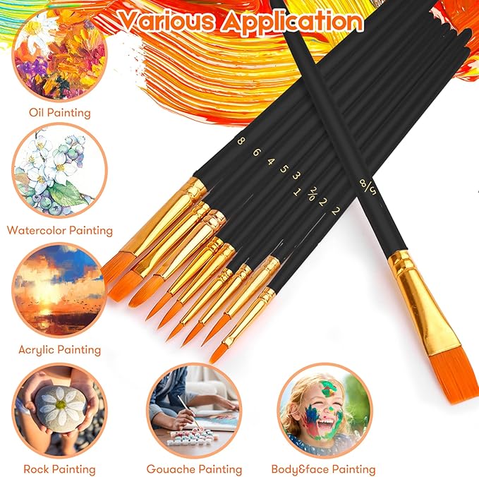 Soucolor Acrylic Paint Brushes Set, 40Pcs Round Pointed Tip Artist Paintbrushes for Acrylic Oil Watercolor Canvas Boards Rock Body Face Nail Art, Halloween Pumpkin Ceramic Crafts Supplies, Black