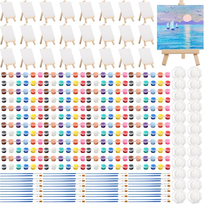 24Pack Mini Canvas Boards and Easel Paint Set,24Pcs Canvas and Easel,12 Colors Acrylic Paint Strips,48 Brushes,24 Palettes,Washable Acrylic Paint Set for Painting Crafts Party Favors (4" X 4")