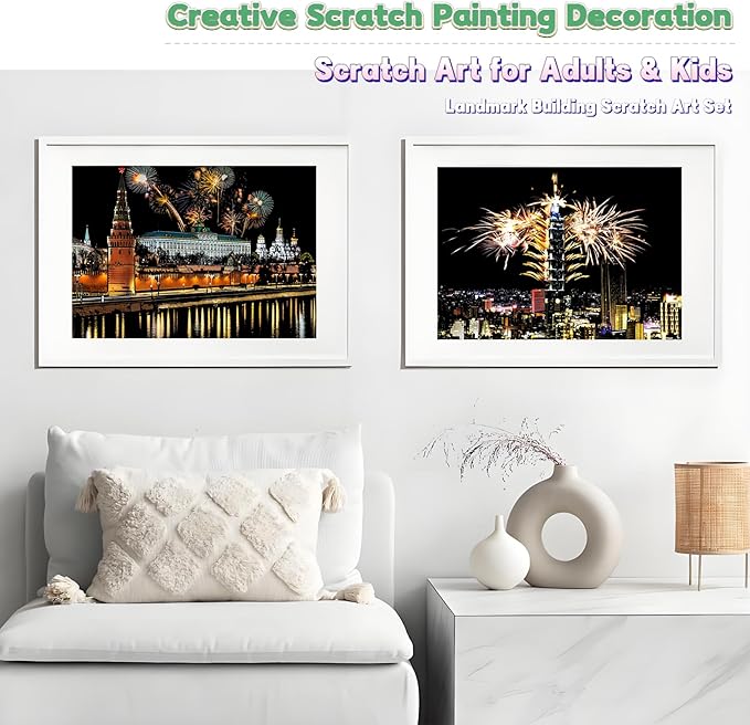 Scratch Art Painting Kit for Adults-8 Sheets A4 Rainbow Scratch Painting Paper Craft Set with City Landmarks|Stress Relief Gift for Travel&Craft Lovers|Scratch Art Home Decor(Asian Series)