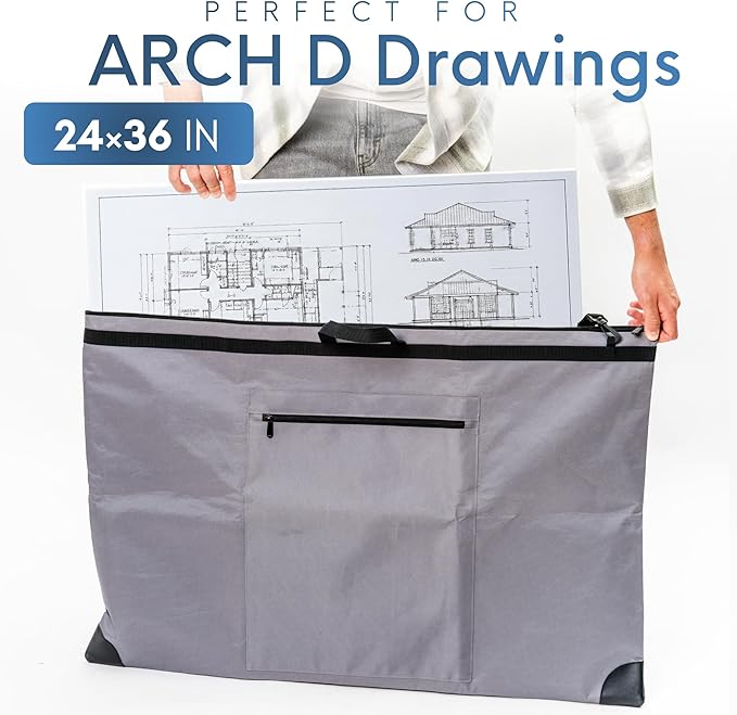 Large 24 x 36 inches Art Portfolio Bag, Fits ARCH D Blueprints, Posters & Art Prints, Waterproof Artist Case with Shoulder Strap, Durable Grey Carrying Tote for Architects, Designers & Students