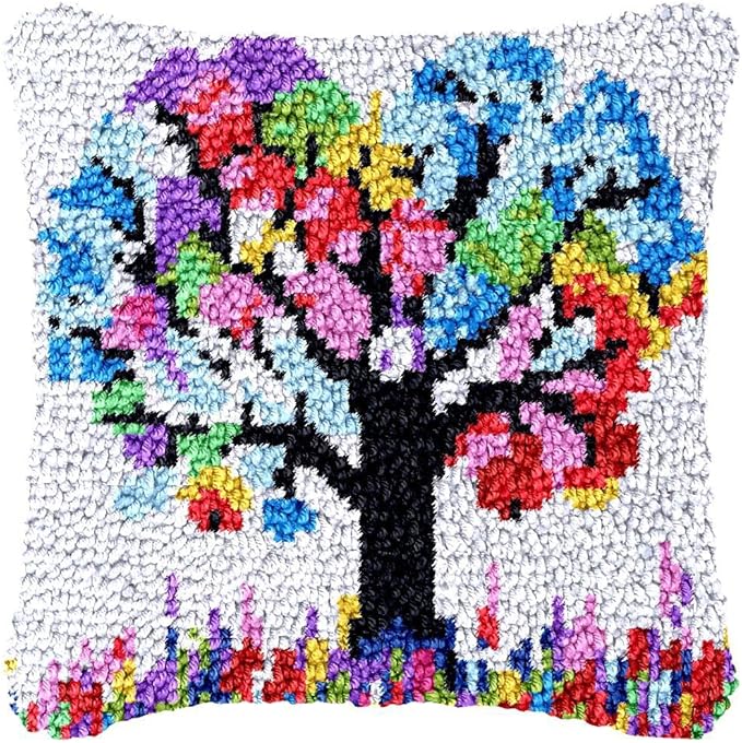 Latch Hook Pillow Kits for DIY Throw Pillow Cover, Cute Life Tree Pattern Sofa Cushion Cover Latch Hook Craft Kits with Printed Canvas for Beginners Kids Adults - 17 x 17 Inch