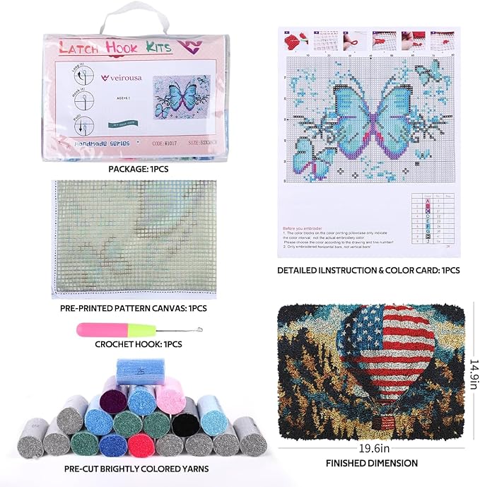 Latch Hook Kits for Kids DIY Rug Crochet Yarn Kits for Adults Tapestry Kits Home Decor Kits with America Flag Printed Needlework Doormat Creative Gift Home Decoration 20 X 15 Inch (Hot Air Balloon)