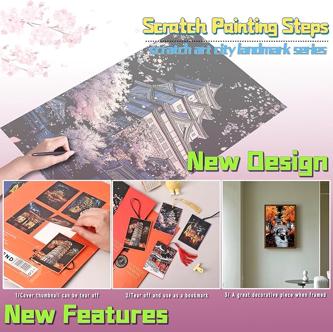 Scratch Art for Adults-Laser Scratch Painting Craft Kit (8 Sheets 16x11 in)|Foil Engraving Art Set|Stress Relief Gift for Travel Lovers,Craft Lovers|Creative Scratch Art Home Decor(Asian Series)