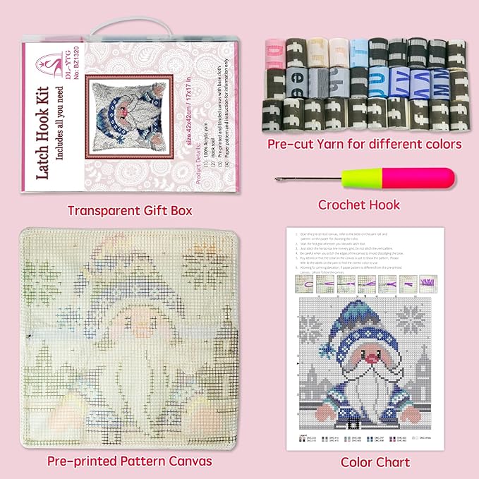 DL-YTG Latch Hook Kits Pillow Blue Geezer Crochet Yarn Cushion Colour Printed Canvas Rug Needlework DIY Pillowcase Hook and Latch Kit Christmas Home Arts Crafts Sofa Decoration 42x42cm/16X16inch