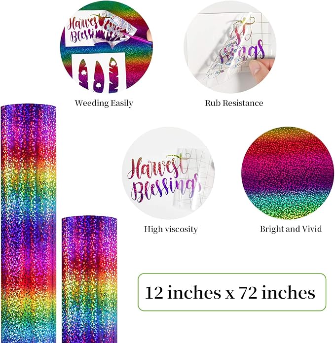 GIRAFVINYL Sparkle Glitter Vinyl, Gradient Rainbow Permanent Vinyl, Indoor Glitter Rainbow Vinyl for Home, Car and Tumbler Decor, 12" x 6FT