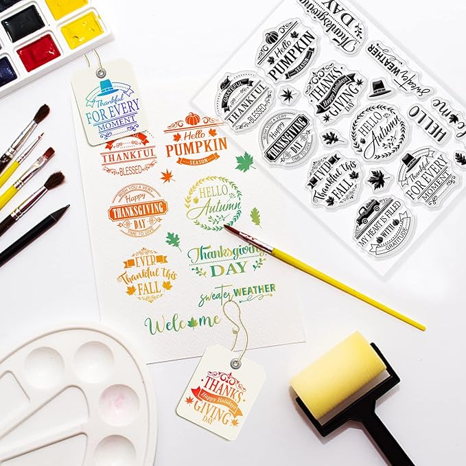 ORIGACH Thanksgiving Autumn Greeting Words Clear Stamps, Thanksgiving Sentiment Words Transparent Silicone Stamps for Card Making Scrapbooking Crafting DIY Decorations 6.3x4.3inches