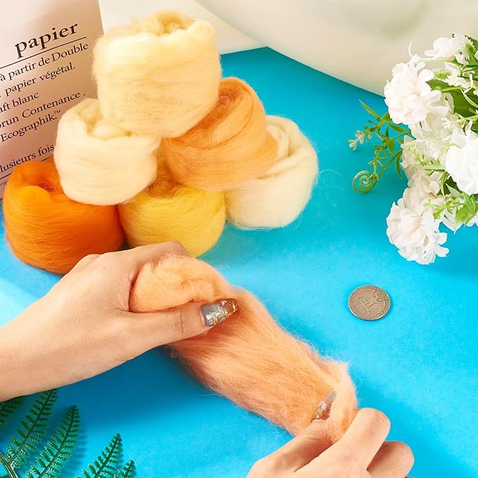 FASHEWELRY 1.2 OZ Wool Felting Kit 7 Set 7 Colors Orange Theme Needle Felting Wool Roving Nature Wool Roving for Needle Felting Wet Felting DIY Hand Spinning