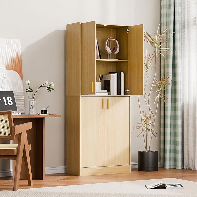 Cozy Castle Kitchen Pantry Cabinet, 71" Tall Wood Storage Cabinet with Doors and Shelves 4 Doors Freestanding Cupboard for Dining Room Living Room Bathroom Furniture, Oak