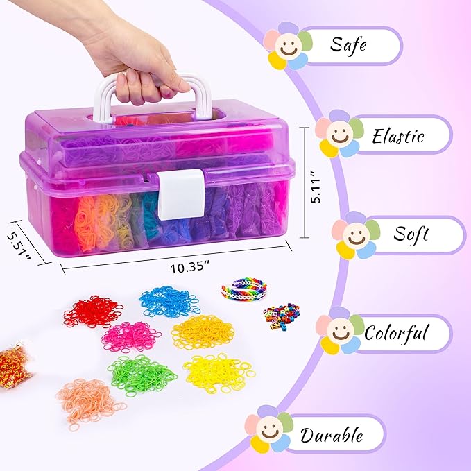 INSCRAFT 17490+ Rubber Loom Bands, 28 Colors Bracelet Making Refill Kit, with 3-Layer Container, 600 S-Clips, 352 Beads, 40 Cartoon Charms, Christmas Birthday Gift for Girls Boys Kids