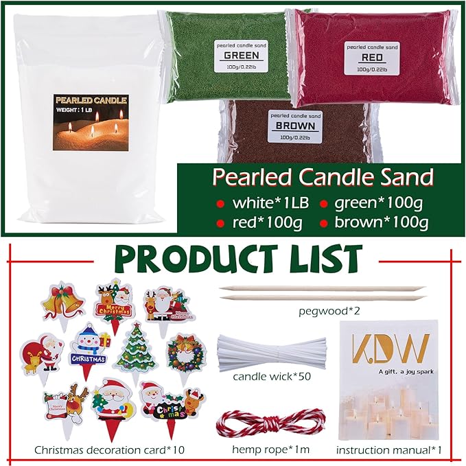 Pearled Candle Sand Wax Christmas Making Kit Refillable Pearled Wax with 1lb White and 300g 3 Colors 50 Wicks 10 Christmas Decoration Cards Scented Candle Supplies for Christmas Home Decor