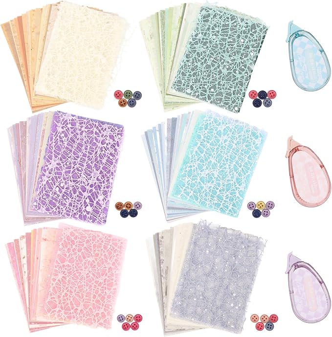 156 Sheets Textured Paper and Mesh Fabric Kit，6 Pack Scrap Book Paper with 5 Buttons for Scrapbook Embellishments,Mixed