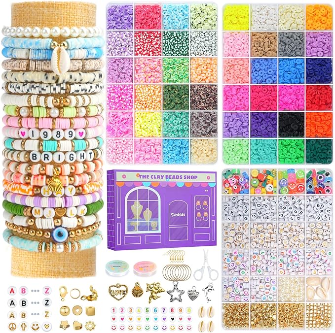 Sunlode Clay Beads Bracelet Making Kit, 3 Boxes 15,000PCS Boho Color with Letter Beads, Charms and Elastic Strings, DIY Jewelry Set for Friendship Bracelets Crafts Gift