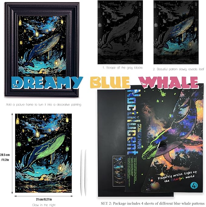 Adult Crafts Glow in The Dark, Scratch Art Rainbow Painting Paper 8 Sheet with Tools, Landscape Scratchboard for Teens & Adults Fun Creative Craft Toy/Gifts/Decor(A4-Noctilucent Butterfly, Whale)