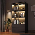 Wooden Display Cabinet with Glass Doors & 2 Drawers,LED Lights Glass Display Case,Showcase for Collections, Curio Cabinets, Bookcase and Glassdoor Display Cabinet(Black- 2 Drawers)