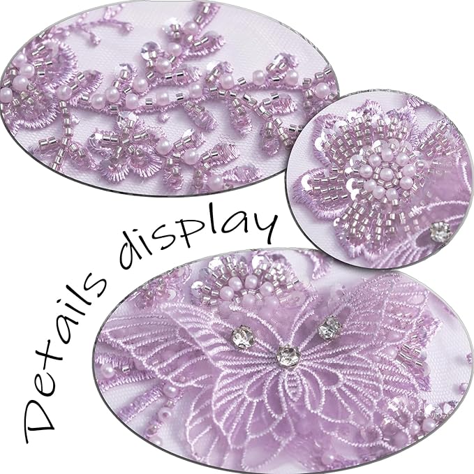 Flower Pearl Fabric Rhinestones Beaded Lace Applique,3D Butterfly Embroidered Lace Patch for Clothes,Dress (Purple)