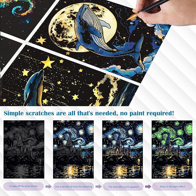Scratchboard Art for Adult Luminous Scratch Painting Kits, A5 Scratch Art Rainbow Painting Paper 8 Sheet with 4 Tools, Scratchboard for Teens & Adults, Fun Creative Craft Toy/Gifts/Decor, Dreams