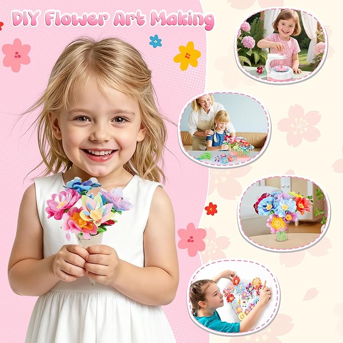 GirlsHome 300+PCS Fabric Flower Bouquets Toys, DIY Flower Crafts Kits for Kids, Arts and Crafts for Kids Ages 6-8 Girls, Flower Making Kit, STEM Educational Preschool Toy Christmas Gifts(White Pink)