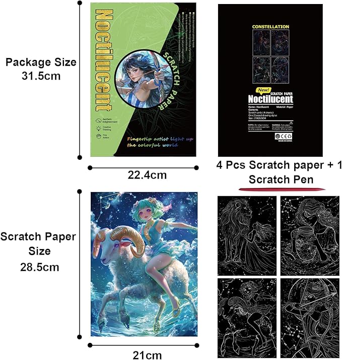 Georgie Porgy Scratch Paper Art Set for Kids Adults Magic Rainbow Scratchboards for DIY Arts and Crafts Kits Christmas Birthday Gift with Scratching Tools Kit (A4-Noctilucent Beast + Constellation)