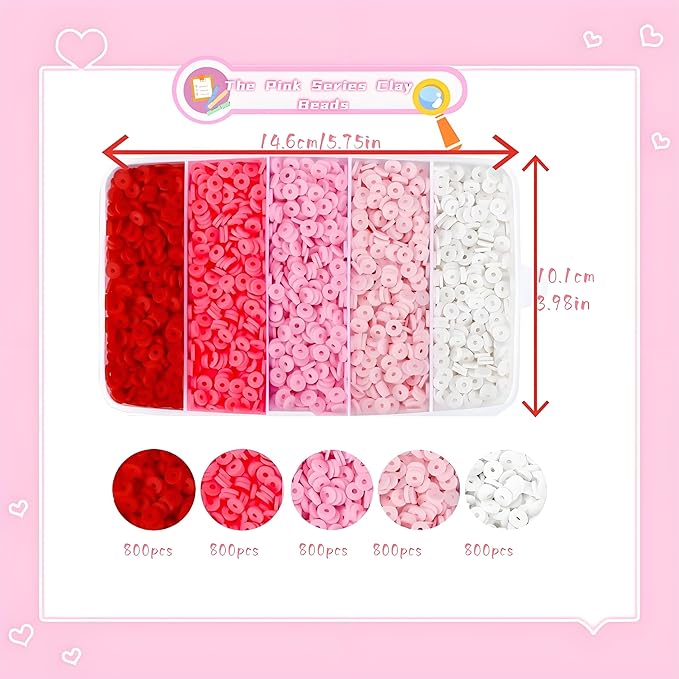 4000 Pcs Pink Clay Beads Bracelet Making Kit, 6mm Polymer Spacer Flat Heishi Beads for Jewelry Necklace Earring Making (Pink)