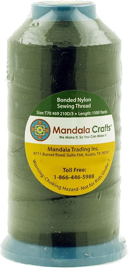 Mandala Crafts Bonded Nylon Thread Olive Green Heavy Duty Sewing Threads - 1500 YDs Size 69 210D T70 Tex 70 Thread for Leather Jeans Weaving Outdoor Marine Upholstery Threads