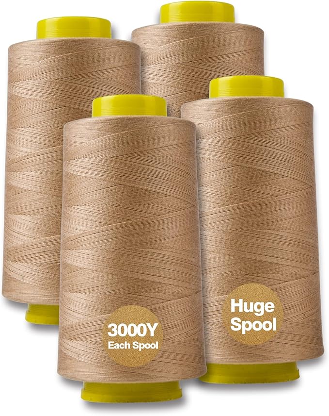 Dark Cream Serger Thread, All-Purpose Thread for Sewing, Polyester, 4 Cones of 3000 Yards Each Spool for Sewing Machine