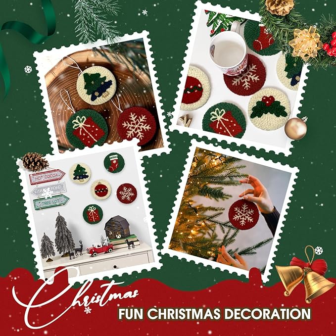 yuegool 6PCS Christmas Punch Needle Coasters Kit,Easy DIY Punch Needle Embroidery Kit for Beginners Adults Kids Including Patterns, Tools, Yarns, Hoop, Instruction, Coaster Holder Art Craft Supplies
