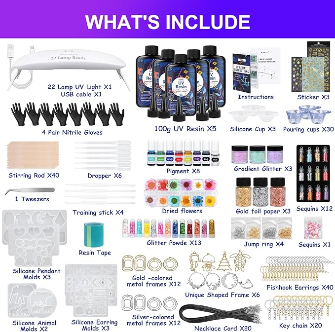 KISREL UV Resin Jewelry Making Kit - 500g Crystal Clear UV Resin and Jewelry Molds, Large UV Light with 22 Beads, Fast Curing for Keychains, Earring Making, DIY Craft Decorations