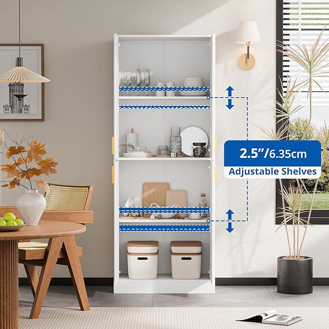 Cozy Castle Kitchen Pantry Cabinet, 71" Tall Wood Storage Cabinet with Doors and Shelves 4 Doors Freestanding Cupboard for Dining Room Living Room Bathroom Furniture, White