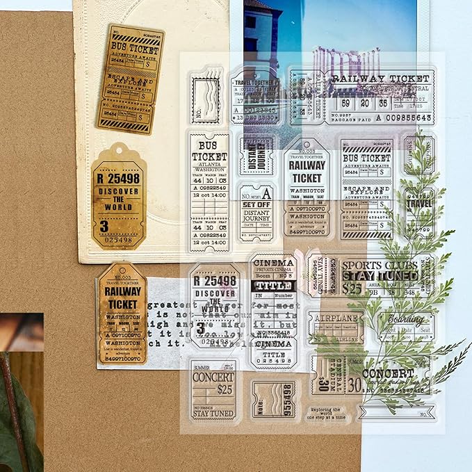 GLOBLELAND Retro Travel Ticket Clear Stamps for Cards Making Vintage Movie Ticket Background Clear Stamp Seals 5.83x8.27inch Transparent Stamps for DIY Scrapbooking Photo Album Journal